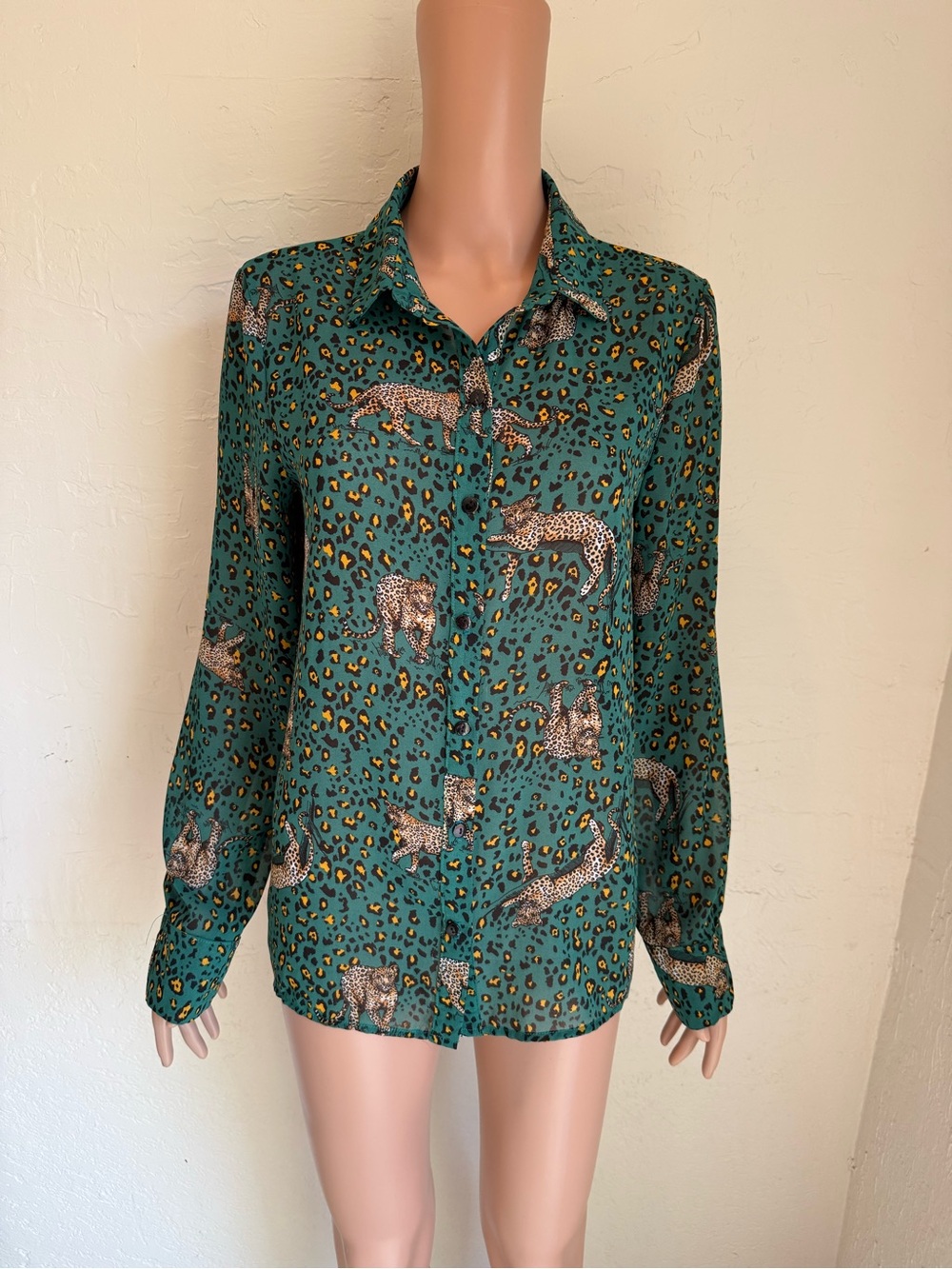 Lulu's Teal Leopard Print Sheer Blouse Shirt Gold/Black Accents Women’s Size S